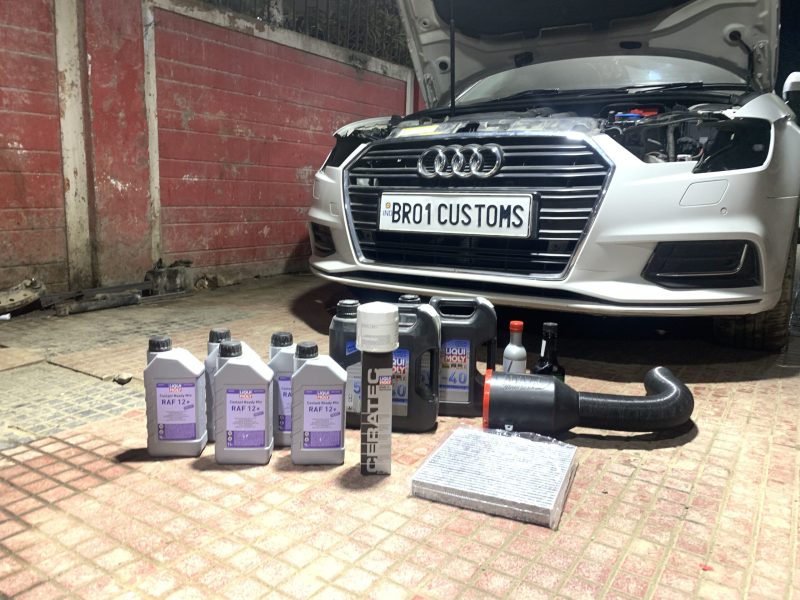 Performance service on Audi A3 using Liqui Moly engine oils and fluids, along with a performance intake upgrade, carried out at BR01 Customs